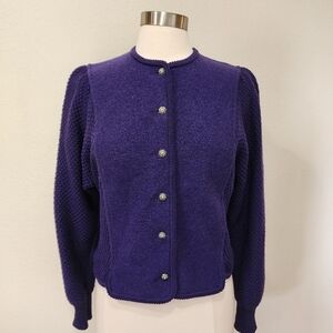 Vintage Geiger Fabric 100% Wool Sweater Cardigan Jacket Purple Button Up size 38